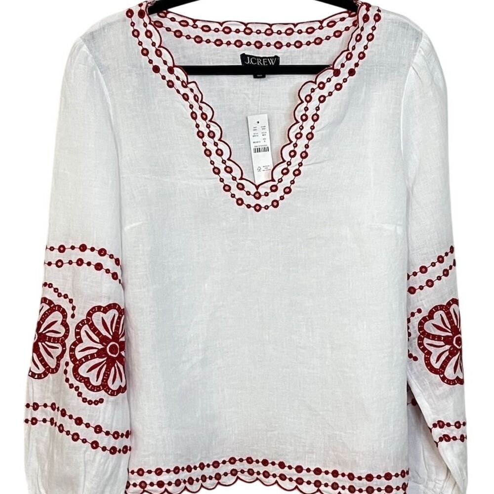 J.Crew Women's White Embroidered 100% Linen V-Neck Boxy Blouse S Chic Vacation - Picture 2 of 14